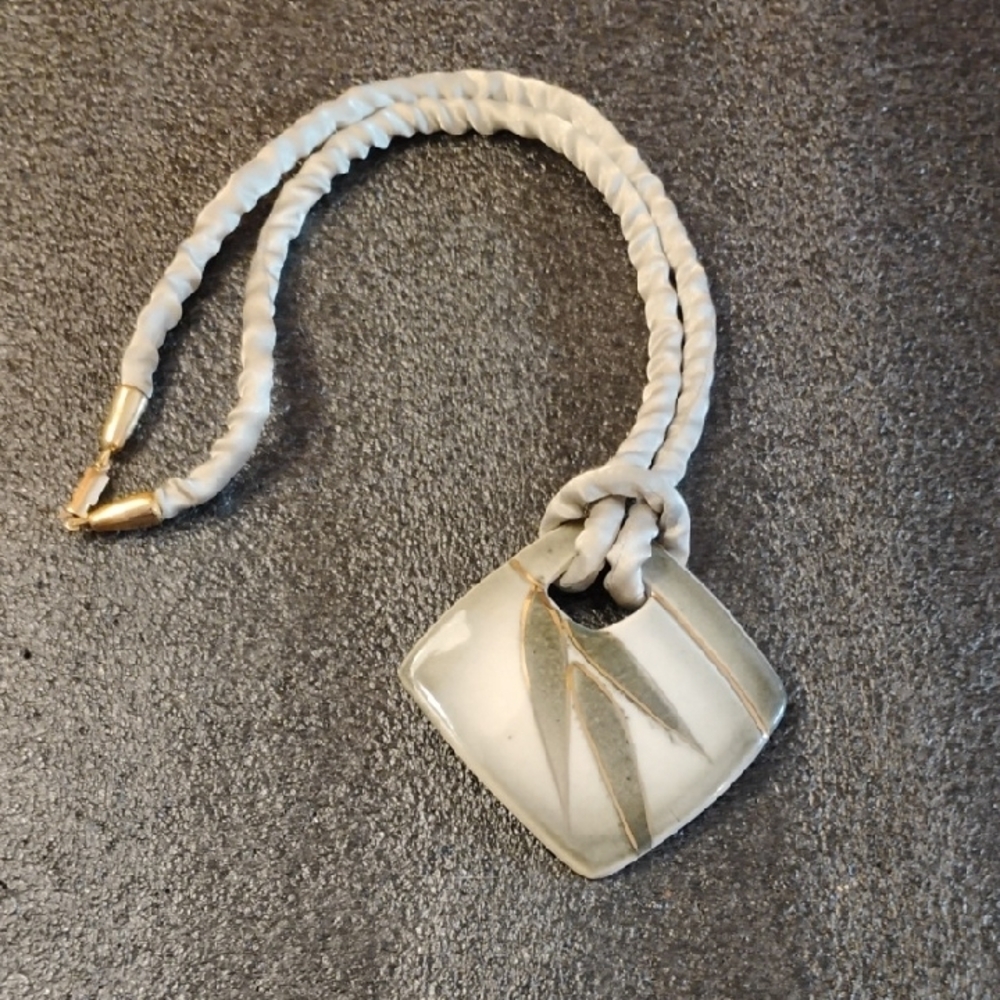 Cream and Gold Braided Cord Necklace with Square Pendant